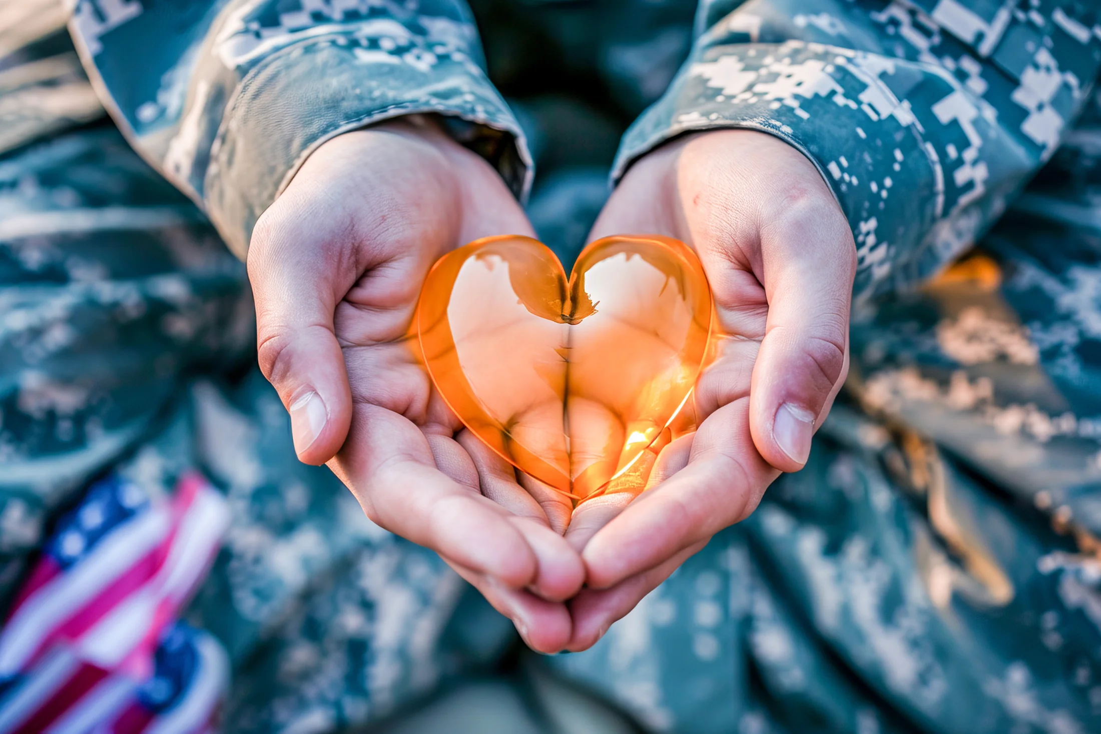 Hands holding an orange heart outdoors